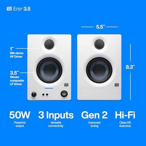 PreSonus Eris 3.5 Studio Monitors (White), Pair — 3.5" Inch Powered Bookshelf Speakers, Stereo, Desktop Computer, Near Field Music Production, Audio Mixing Recording | 50W Class-Ab, 3.5 Woven Woofer, 1 Silk-Dome Tweeter, 80-20khz, Trs and Rca/1/8 Inputs,