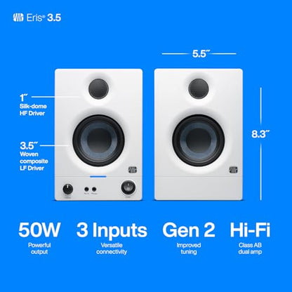 PreSonus Eris 3.5 Studio Monitors (White), Pair — 3.5" Inch Powered Bookshelf Speakers, Stereo, Desktop Computer, Near Field Music Production, Audio Mixing Recording | 50W Class-Ab, 3.5 Woven Woofer, 1 Silk-Dome Tweeter, 80-20khz, Trs and Rca/1/8 Inputs,