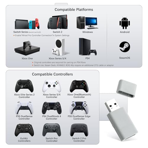 GuliKit Goku 2 Wireless Adapter for Switch 2 Pro/PS5/PS4/Xbox Controllers | Hyperlink 2 low latency.Works with Windows,Android,SteamOS,PS4,X box One/Series X/S,Switch1/2.Button Mapping,Motion&Vibration