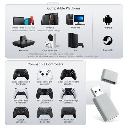 GuliKit Goku 2 Wireless Adapter for Switch 2 Pro/PS5/PS4/Xbox Controllers | Hyperlink 2 low latency.Works with Windows,Android,SteamOS,PS4,X box One/Series X/S,Switch1/2.Button Mapping,Motion&Vibration