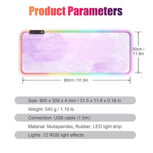 RGB Large Gaming Mouse Pad, Extended Mouse Pad with 12 Lighting Effects, Water Proof Mutispandex Surface, Non-Slip Rubber Base, 80x30 cm / 31.5×11.8 in (Purple Nebula) - color: Purple Nebula