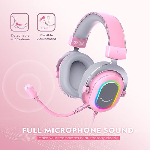 FIFINE H6P Wired Gaming Headset with Noise Canceling Mic for PC,PS4/5 | Large 50mm Drivers, 7.1 Surround Sound, Solid Metal Frame, 3 EQ Modes, Vibrant RGB, USB In-line Control, for gamer/streamers - color: Pink