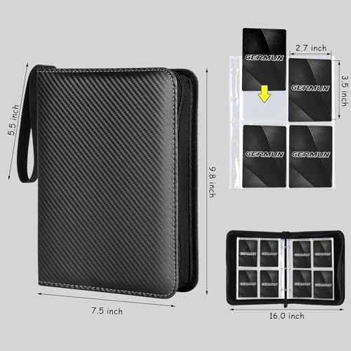 GERMUN 4 Pocket Card Binder, Premium Zip Trading Card Binder, 400 Double Sided Pocket PU Card Collection Binder, Collector Card Album, Card Folder for MTG, TCG, Sports Cards, Game Cards (Black) - color: 4 Pocket 400 Carbon Black