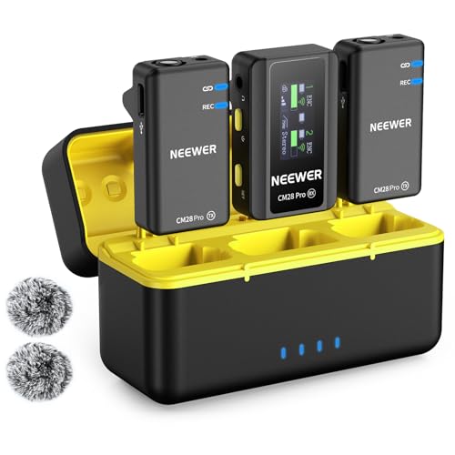 NEEWER CM28 PRO Wireless Lavalier Lapel Microphone System with Charging Case 48KHz 16 Bit Uncompressed Audio Noise Canceling 4GB Storage 9Hrs Recording Compatible with iPhone iPad Android Camera PC - style: CM28 Pro