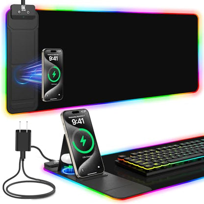 Mouse Pad with Foldable Phone Holder & Wireless Charger, XL RGB Gaming Mousepad 31.5"x11.8" Large Desk Mat for Keyboard, Home Desk Pad with Dual Qi Charging Station | 11 Colors & 5 Modes | Waterproof - color: 31.5x11.81"Phone Stand-Black w/PD Charger