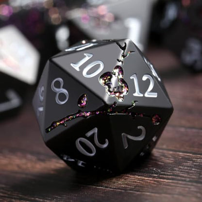Glitter Purple Metal D&D Dice, DNDND 7 PCS Flower Metallic DND Dice Set with Gorgeous Gift Case for Dungeons and Dragon Tabletop Game (Matte Black with Glitter Purple Flower) - color: Flower Glitter Purple