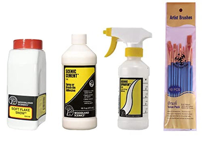 Woodland Scenics, Soft Flake Snow, Scenic Cement, and Scenic Sprayer (Pack of 3) - with Make Your Day Paint Brushes