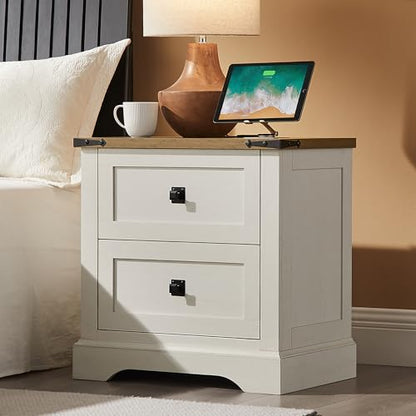 T4TREAM 24" Farmhouse Nightstand with Charging Station, Antique White | End Table, 2 Large Storage Drawers, Rustic Wood Sofa Bedside Table, Bedroom, Living Room - color: Antique White, size: 24"W*15.75"D*24"H