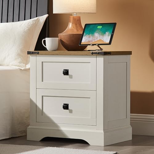T4TREAM 24" Farmhouse Nightstand with Charging Station, Antique White | End Table, 2 Large Storage Drawers, Rustic Wood Sofa Bedside Table, Bedroom, Living Room - color: Antique White, size: 24"W*15.75"D*24"H