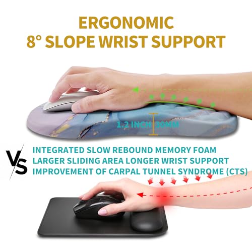 Hokafenle Ergonomic Mouse Pad Wrist Support, Wrist Rest Mousepad for Carpal Tunnel Pain Relief with Integrated Memory Foam Slope Massage Bulge (11.8x7.9 inch,Blue Marble - color: KM08-Blue Marble