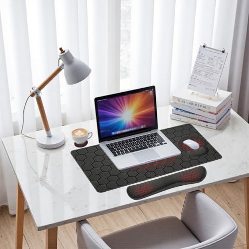 Red Hexagon Desk Mat Set Dark Gaming Tech Grid Mouse Pad with Wrist Rest 4in1 Desk Mat for Desktop Ergonomic Keyboard Wrist Support Anti-Slip Computer Ergonomic Mouse Pad Home Office Gaming - color: Red Hexagon