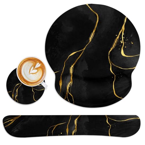 Ergonomic Mouse Pad Set with Wrist Rest, Black Gold Marble | Abstract Modern Non-Slip Rubber Base Wrist Cushion Support and Coasters Mousepad with Wrist Support for Computer Keyboard - color: Black Marble