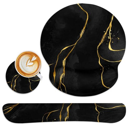 Ergonomic Mouse Pad Set with Wrist Rest, Black Gold Marble | Abstract Modern Non-Slip Rubber Base Wrist Cushion Support and Coasters Mousepad with Wrist Support for Computer Keyboard - color: Black Marble