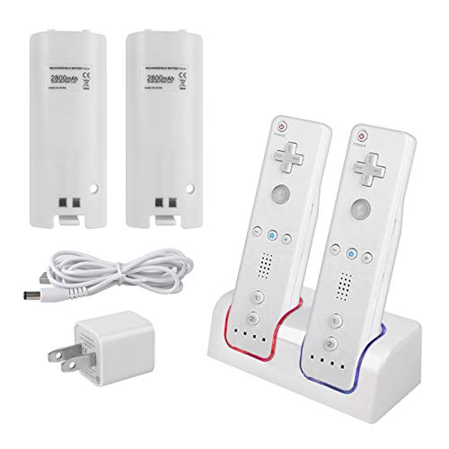Wii Remote Battery Charger(Free USB Wall Charger+Lengthened Cord) Dual Charging Station Dock with Two Rechargeable Capacity Increased Batteries for Wii U Game Remote Controller (White)