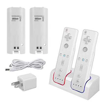 Wii Remote Battery Charger(Free USB Wall Charger+Lengthened Cord) Dual Charging Station Dock with Two Rechargeable Capacity Increased Batteries for Wii U Game Remote Controller (White)