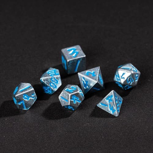 Mini Dice Set with Rune Keychain Case,7PCS Polyhedral Metal Dice Set for DND Role Playing Games(Silver/Silver Blue) - color: Silver/Silver Blue