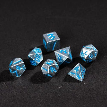 Mini Dice Set with Rune Keychain Case,7PCS Polyhedral Metal Dice Set for DND Role Playing Games(Silver/Silver Blue) - color: Silver/Silver Blue