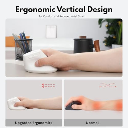 Uineer Ergonomic Vertical Mouse, 2.4G Wireless Mouse, Rechargeable, 4-DPI | Right-handed vertical design with 2.4G USB-A connection, rechargeable battery and visible battery level. - color: White