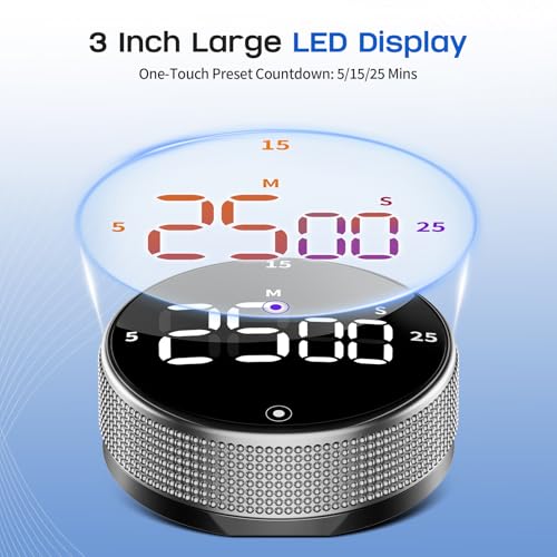 Digital Kitchen Timer with Magnetic - Visual Timer with Large LED Display, Pomodoro Classroom Timers with 3-Preset Times, Volume Adjustable, Countdown & Count Up Timers for Cooking