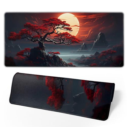 Darkness Red Moon Desk Mat Japanese Mouse Pad, Large Japanese Desk Mat, XL Anime Gaming Keyboard Mat, Non-Slip Rubber Base, Big Extended Desk Protector for Home Office, 31.5”x11.8” - color: Darkness Red Moon