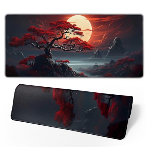 Darkness Red Moon Desk Mat Japanese Mouse Pad, Large Japanese Desk Mat, XL Anime Gaming Keyboard Mat, Non-Slip Rubber Base, Big Extended Desk Protector for Home Office, 31.5”x11.8” - color: Darkness Red Moon