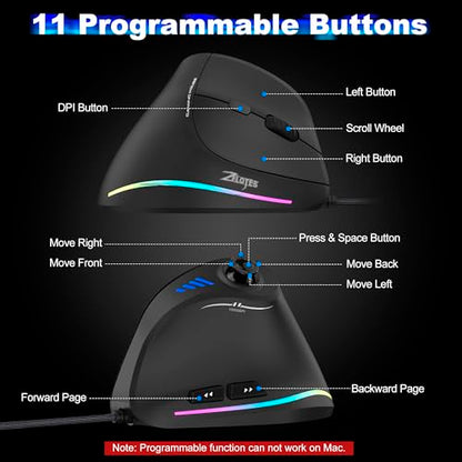 TRELC Wired Gaming Mouse with 5 D Rocker, 10000 DPI/11 Programmable Buttons, Vertical Ergonomic Mouse with On-Board Memory, Optical Computer Mice for PC/Laptop/E-Sports/Gamer - color: Wired, 10000 DPI