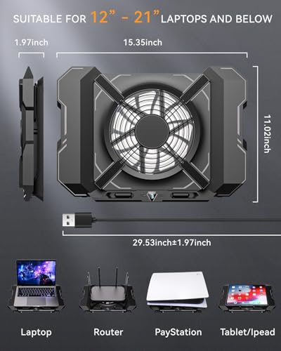 Laptop Cooling Pad, Gaming Laptop Cooler with 7.1 Inch Powerful Fan, RGB Lights & 3-Speed Fan Control & LCD Diamond Design, Height Adjustable Quiet Laptop Cooling Stand for 12"-21" Laptops etc