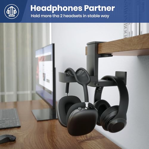 Dual Headphone Stand Holder - EURPMASK 2 in 1 PC Gaming Headset Hooks, 360 Degree Rotating Headphone Hanger with Adjustable Clamp & Cable Clip Organizer, Headset Mount Under Desk Earphone Clamp-Black - color: Black