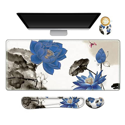 ARTSO Extended Gaming Mouse Pad Set, Keyboard Wrist Rest Support Pad + Wrist Cushion + XXL Large Mouse Pad + Coaster, Stitched Edge, Non-Slip, Memory Foam Desk Mat, Blue Lotus Ink Painting - color: Blue Lotus Ink Painting