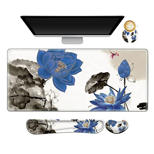 ARTSO Extended Gaming Mouse Pad Set, Keyboard Wrist Rest Support Pad + Wrist Cushion + XXL Large Mouse Pad + Coaster, Stitched Edge, Non-Slip, Memory Foam Desk Mat, Blue Lotus Ink Painting - color: Blue Lotus Ink Painting