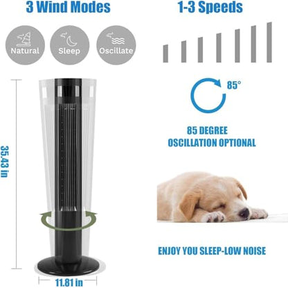 Antarctic Star Tower Fan 85°Oscillating Fan Quiet Cooling 12H Timer Remote Control Bladeless Electric 3 Speeds Wind 3 Modes, 35INCH, BLACK - color: Black, size: 35 inch