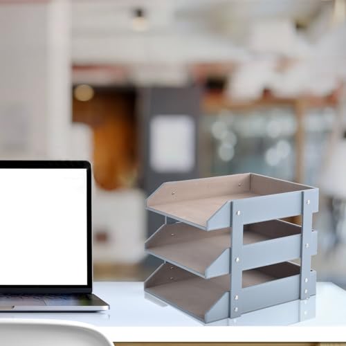 Leather Desk Organize Holder,3-Layer Stackable Letter Tray,Used to Store documents,Folders,Stationery,Magazines,Paper,and Other Home Office Supplies,Desk File Rack (Grey) - color: Gray