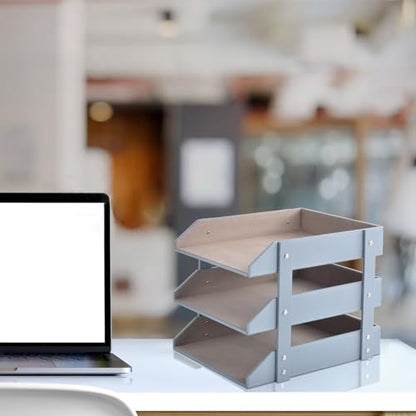 Leather Desk Organize Holder,3-Layer Stackable Letter Tray,Used to Store documents,Folders,Stationery,Magazines,Paper,and Other Home Office Supplies,Desk File Rack (Grey) - color: Gray