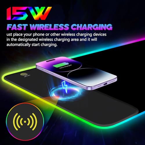 RGB Gaming Mouse Pad with Wireless Charging, Large LED Mouse Pad with 10 Light Modes, Extended Keyboard Pad Non-Slip Rubber Base,Waterproof Desk Pad for Home Office, Black - color: Black