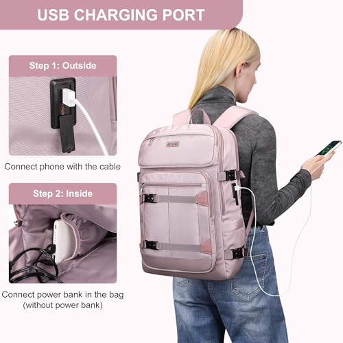 PIJUSHI Casual Travel Backpack for Women with 16" Padded Laptop Compartment | Carry On Luggage with USB Charging Port, 1680D Water-Resistant Nylon, Airline Approved, For Daily, Hiking - color: Ashen Purple
