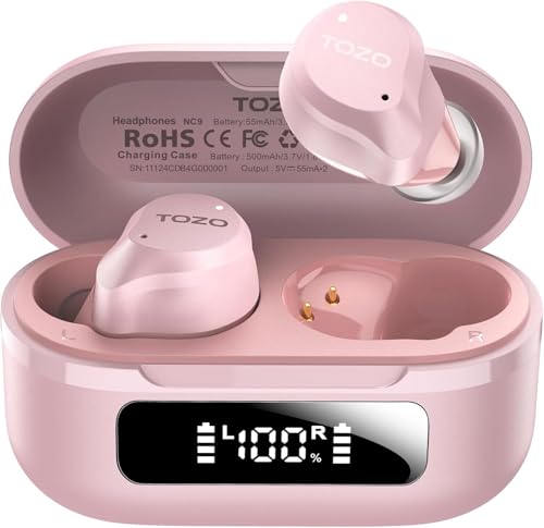 TOZO NC9 Hybrid Active Noise Cancelling Wireless Earbuds, 60H, LED Display | 6 Mic ENC Clear Calls, Deep Bass Sound, IPX8 Waterproof, in Ear Bluetooth 5.3 Headphones,32 EQs via APP, Comfort Fit Ear Buds - color: Dusty Pink