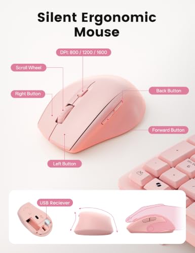 Pink Wireless Keyboard and Mouse Combo, Ergonomic Wave, 30dB Quiet, MA41 - color: Pink