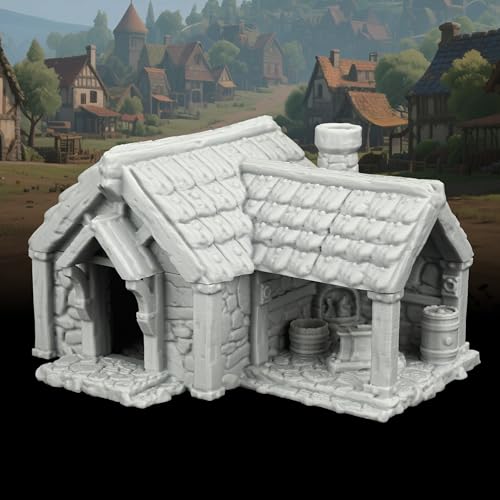 AUSPDICE Medieval Village Blacksmith Workshop, 25mm Scale RPG Terrain | 1:64 Unpainted Fantasy Building and Tabletop Scenery, DND Terrain for Dungeons and Dragons, TTRPG Wargame Map Props-AF1124I - color: Af1124i Medieval Village I