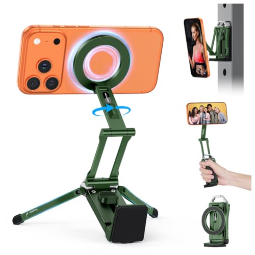OMOTON 360°Rotating Adjustable Aluminum for MagSafe Tripod Mount, Green | Magnetic Phone Tripod for iPhone 17/16/15 Pro Max Air, Foldable Cell Phone Stand Fits Vlog, Gym Travel Essentials Accessories - color: 6-Green