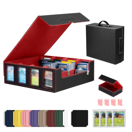Trading Card Storage Box with Commander Display, 4-Row Deck Case with Removable Lid & Handle, 3000+ Card Organizer with 24 Colorful Dividers & 4 Stoppers for MTG, Black & Red - color: Black & Red, size: 3000+, with Handle