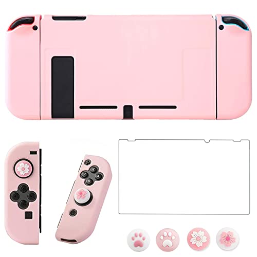 OLDZHU Pink Dockable Protective Case Cover Compatible with Nintendo Switch Joy-Con Controllers,with Glass Screen Protector and 4 Thumb Grips,Shock-Absorption and Anti-Scratch (Pink) - color: Pink