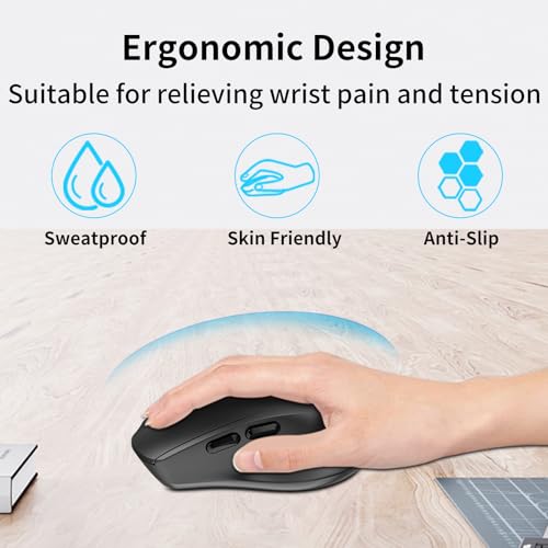 Wireless Ergonomic Right Hand Computer Mouse for Medium & Large Hands | 2.4G Optical Cordless Mice with Side Buttons USB Receiver, Quiet Click, 1000/1600/2400 DPI, for Laptop PC Chromebook - Black