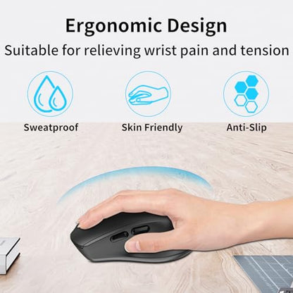 Wireless Ergonomic Right Hand Computer Mouse for Medium & Large Hands | 2.4G Optical Cordless Mice with Side Buttons USB Receiver, Quiet Click, 1000/1600/2400 DPI, for Laptop PC Chromebook - Black