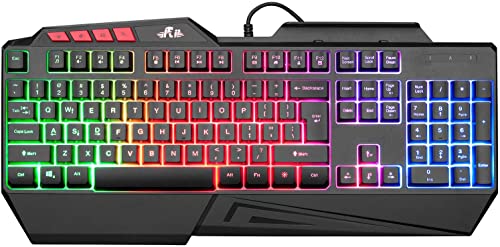 Rii RK202 RGB Gaming Keyboard Multiple Color Rainbow LED Backlit USB Wired Gaming Keyboard with Wrist Rest for Windows & Mac PC Gamers (Black) | RK202 USB Keyboard ,Plastic Mechanical Feeling Keyboard with Wrist Rest for Gaming and Work