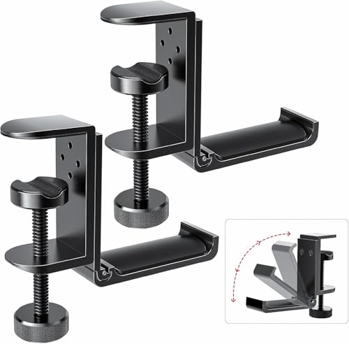 Kimiangel 2 Pack Headphone Stand Under Desk, Foldable Aluminum Headset Holder with Adjustable Screw Clamp, Headphone Hook Mount for Gaming Accessories, Space-Saving Under Table Headset Hanger