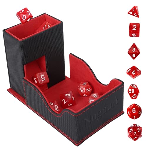 Dice Tower & DND Dice Tray, Foldable Portable Dice Rolling Tower with Tray and Storage, DND Dice Accessory for Dungeons and Dragons, PU Leather Dice Box with 7 Dice, Black/Red - color: Red