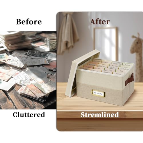 Vienrose Greeting Card Organizer Box with 20 Removable Dividers, 84 Labels, Foldable Storage Box Great for Greeting Cards, Photos, Envelopes, Stickers, Postcards, Beige&Khaki - color: Beige&Khaki
