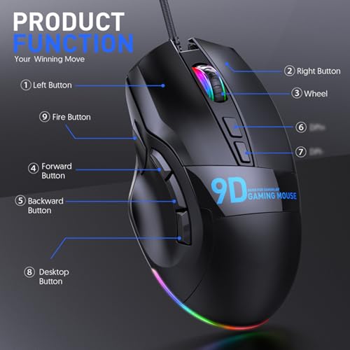GOWENIC RGB Gaming Mouse, 9 Programmable Buttons 12000 DPI Ergonomic Design, with 7 Lighting Effects and 20 Onboard Macro Profiles, for PC Gaming