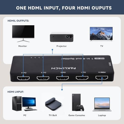 HDMI Splitter 1x4, 4K 60Hz 1 in 4 Out HDMI Duplicator/Switcher, 4Kx2K 30Hz 4:4:4 & 60Hz 4:2:0, HDR Compatible for Fire Stick, PS5, Xbox Series X, PC, Home Theater, Not A Switch(4K 1in4 Out)