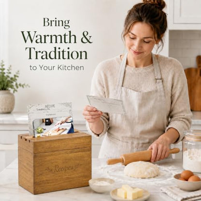 Wooden Recipe Box Set with 50 Cards and 12 Dividers, Solid Pine | Holds 300+ 3x5 and 4x6 recipe cards; 2 removable wood dividers organize recipes for cooking, family keepsakes and gifting - color: Walnut Brown